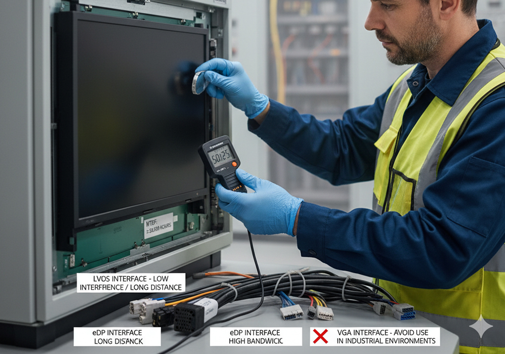 Industrial LCD screens should have a backlight lifespan of ≥50,000 hours, with MTBF (Mean Time Between Failures) not less than 30,000 hours. Interface selection is equally important:
